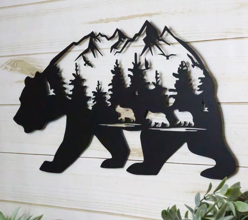 Rustic Scenic Black Bear With Cubs Pine Forest Mountains Wall Metal Cutout Decor