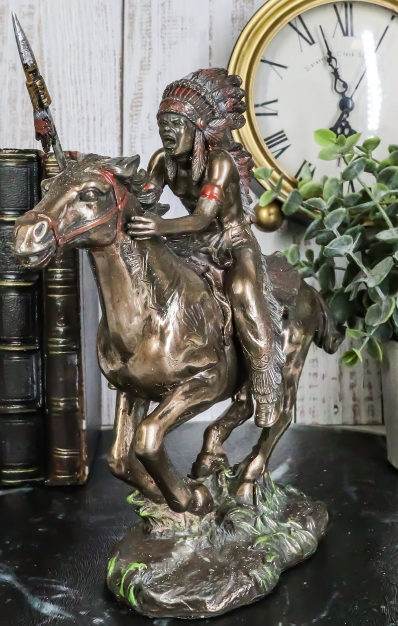 Ebros Native Indian Chief Spear Warrior With Eagle War Bonnet Roach On Horse Statue