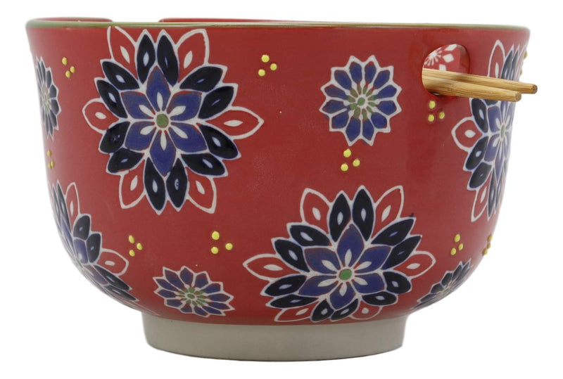 Ebros Red Colorful Divine Flowers Ramen Udon Noodles Large 6.25" Diameter Soup Bowl With Built In Rest and Bamboo Chopsticks Set for Rice Pasta Salad