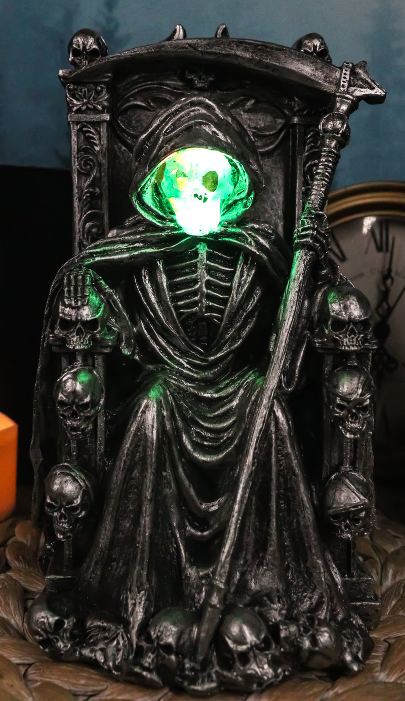 Dark Lord Grim Reaper Skeleton On Throne With LED Light Ghastly Face Figurine