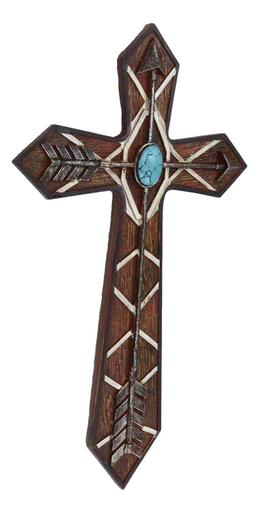 Rustic Western Boho Native Indian Arrows Turquoise Rock Faux Wooden Wall Cross