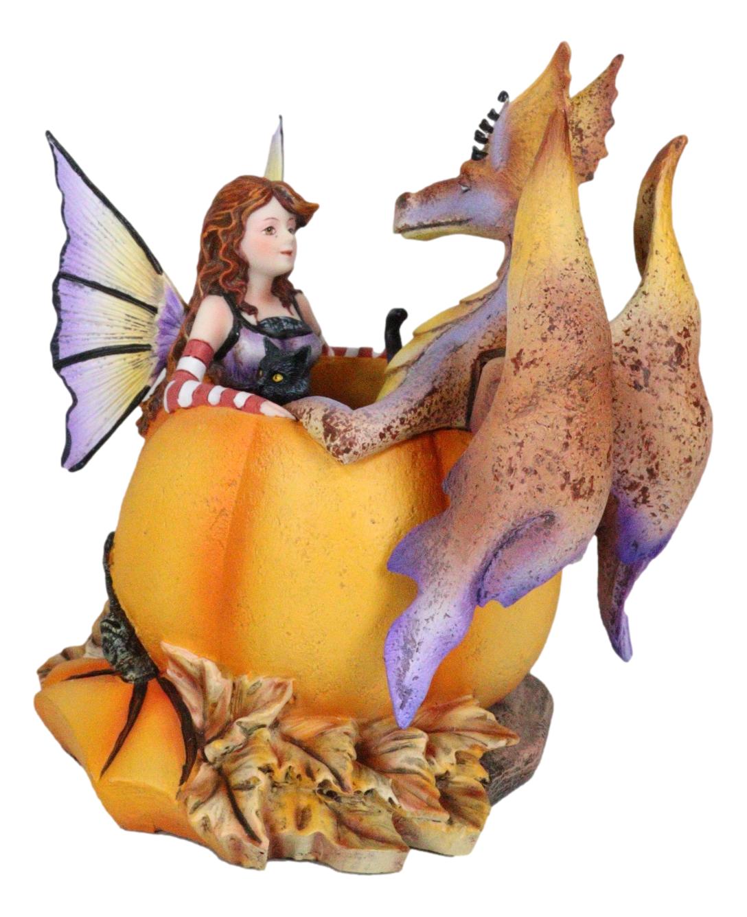 Amy Brown Halloween Fairy Black Cats And Dragon In Pumpkin Fall Leaves Figurine