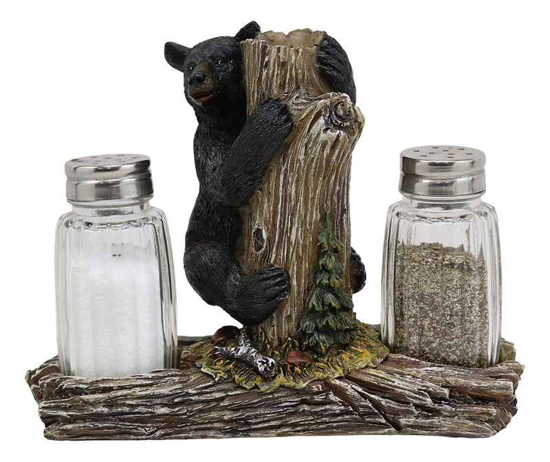 Ebros Rustic Woodland Black Bear Climbing Tree Branch Figurine Display Holder With Glass Salt And Pepper Shakers Bears Home And Kitchen Dining Decorative Statue 6.5" L Cabin Lodge Mountainside Decor
