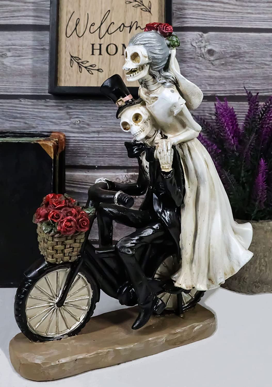 Day Of The Dead Just Married Wedding Bride Groom Skeletons On Bicycle Figurine