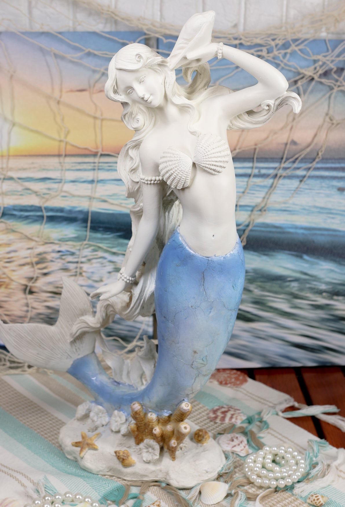 Ebros Large Mermaid Holding Conch Shell Decorative Figurine (Blue & White Ombre)