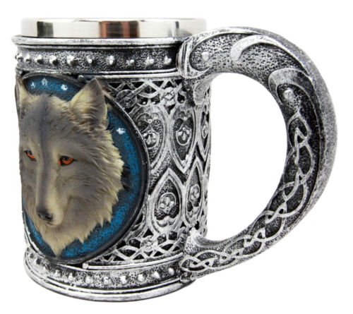 Ebros Large Celtic Blue Alpha Gray Wolf Mug Stainless Steel Rim Resin 18oz Cup