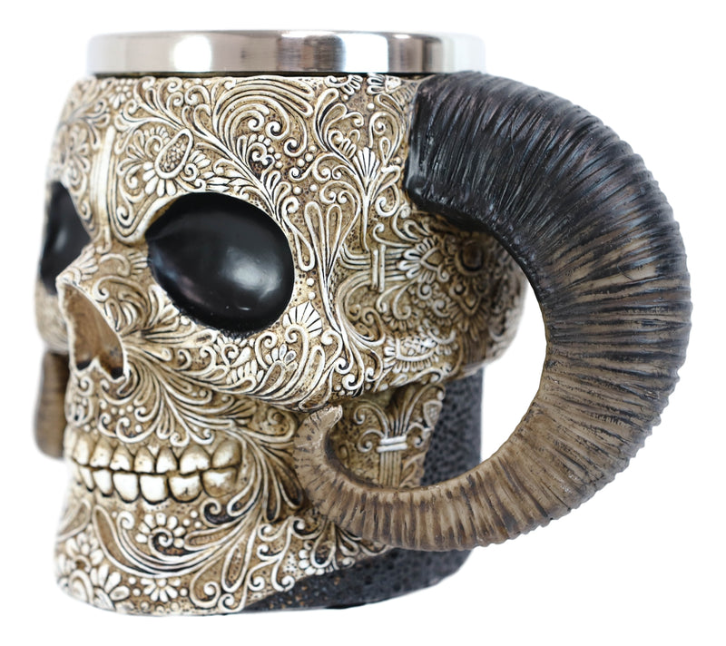Ram Horned Tribal Floral Lace Tooled Skull Beer Stein Tankard Coffee Cup Mug