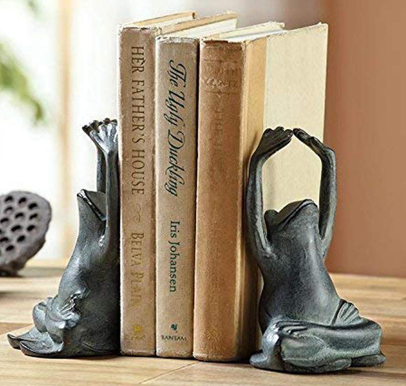 Ebros Aluminum and Resin Whimsical Yoga Frogs Seated in Mountain Pose Bookends Pair Set Statue 6.75" High Garden Pond Frog Toad Themed Decorative Office Study-Room Library Shelves Desktop Figurines