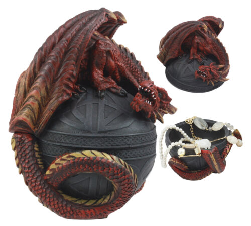 Celtic Red Dragon Egg Box 6.5"Tall Mythical Guardian Dragon Figurine Jewelry Box - Ebros Gift