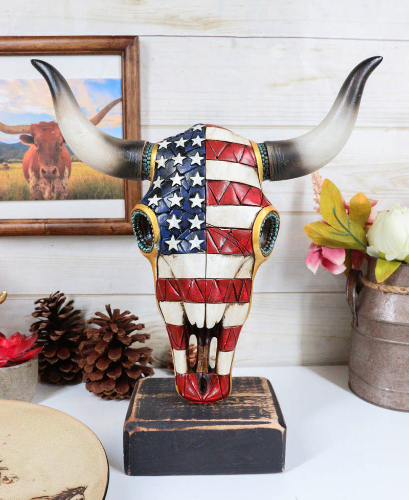 Western Old Faithful Patriotic USA American Flag Cow Skull Desktop Plaque Statue