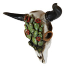 12"L Southwestern Steer Cow Skull With Ropes And Cactus Blooms Wall Decor Plaque