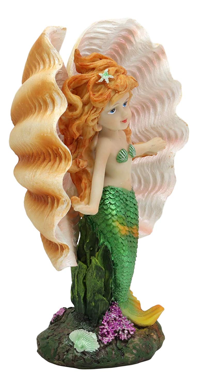 Ebros 6.75"H Colorful Nautical Mermaid Mergirl With Giant Shell And Green Tail Statue