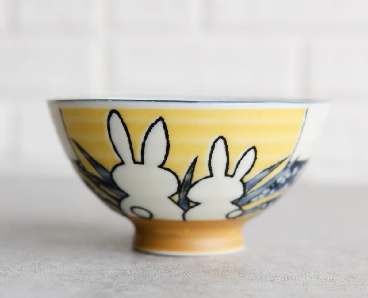 Pack Of 6 Made In Japan Ceramic Colorful 2 Rabbits Gazing Moon Soup Rice Bowls