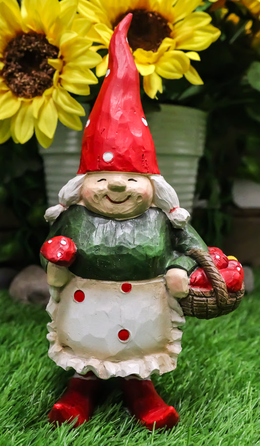Whimsical Garden Mrs Gnome Grandmother With Toadstool Mushrooms Basket Statue - Ebros Gift