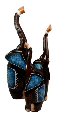Balinese Wood Handicrafts Large Abstract Jungle Blue Elephant Figurine Set 20"H - Ebros Gift