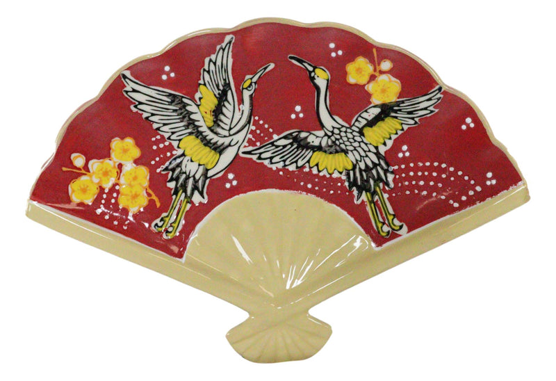 Ebros Set Of 4 Red Cranes Cherry Blossoms Oriental Fan Shaped Sushi Plates