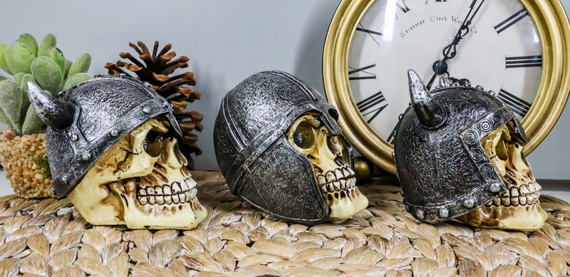 Set of Three Viking Warlords Skull With Battle Helmets Figurine Norse Mythology