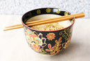 Colorful Floral Summer Blossoms On Black Ramen Soup Bowl With Chopsticks Set