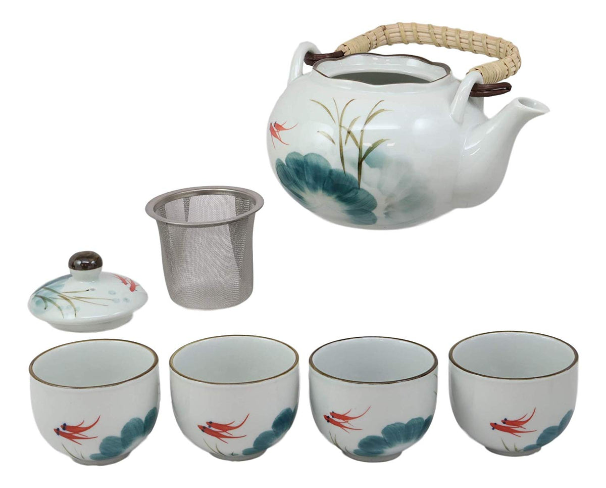 Chinese Art Feng Shui Pond With Koi Fishes Porcelain Tea Pot Set With 4 Cups - Ebros Gift