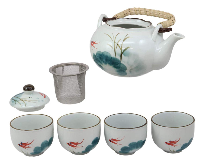 Chinese Art Feng Shui Pond With Koi Fishes Porcelain Tea Pot Set With 4 Cups