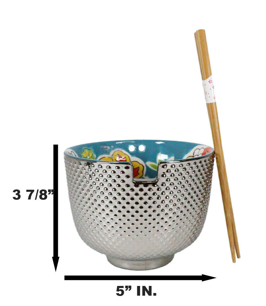 Set of 3 Luxury Ottoman Silver Plated Ramen Bowls Chopsticks Turquoise Flowers