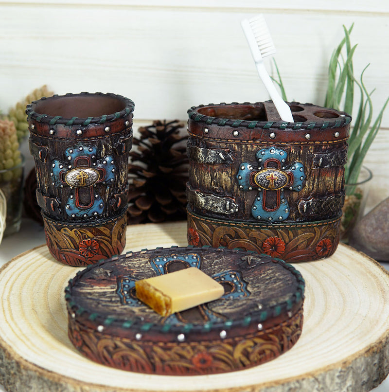 Country Rustic Western Floral Blue Cross With Concho 6 Piece Bathroom Vanity Set