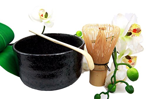 Ebros Gift Traditional Japanese Black Matcha Tea Ceremony Set With Wooden Whisk and Spoon