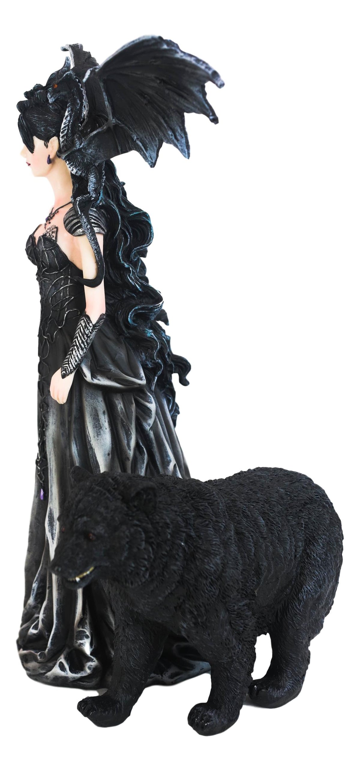 Gothic Bella Donna Purple Rose Witch Fairy with Black Dragon And Bear Statue