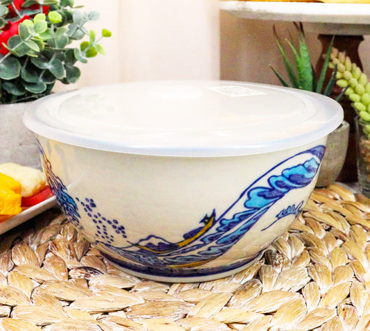 Ebros Set of 2 Ceramic Blue Hokusai Great Wave Portion Meal Bowls 5 Cups Airtight Lid