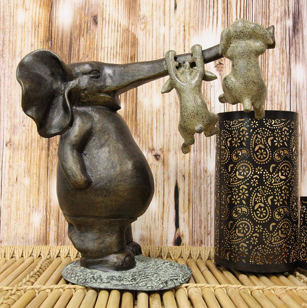 Ebros Aluminum Elephant With Two Playful Rabbits Hanging On Its Trunk Statue