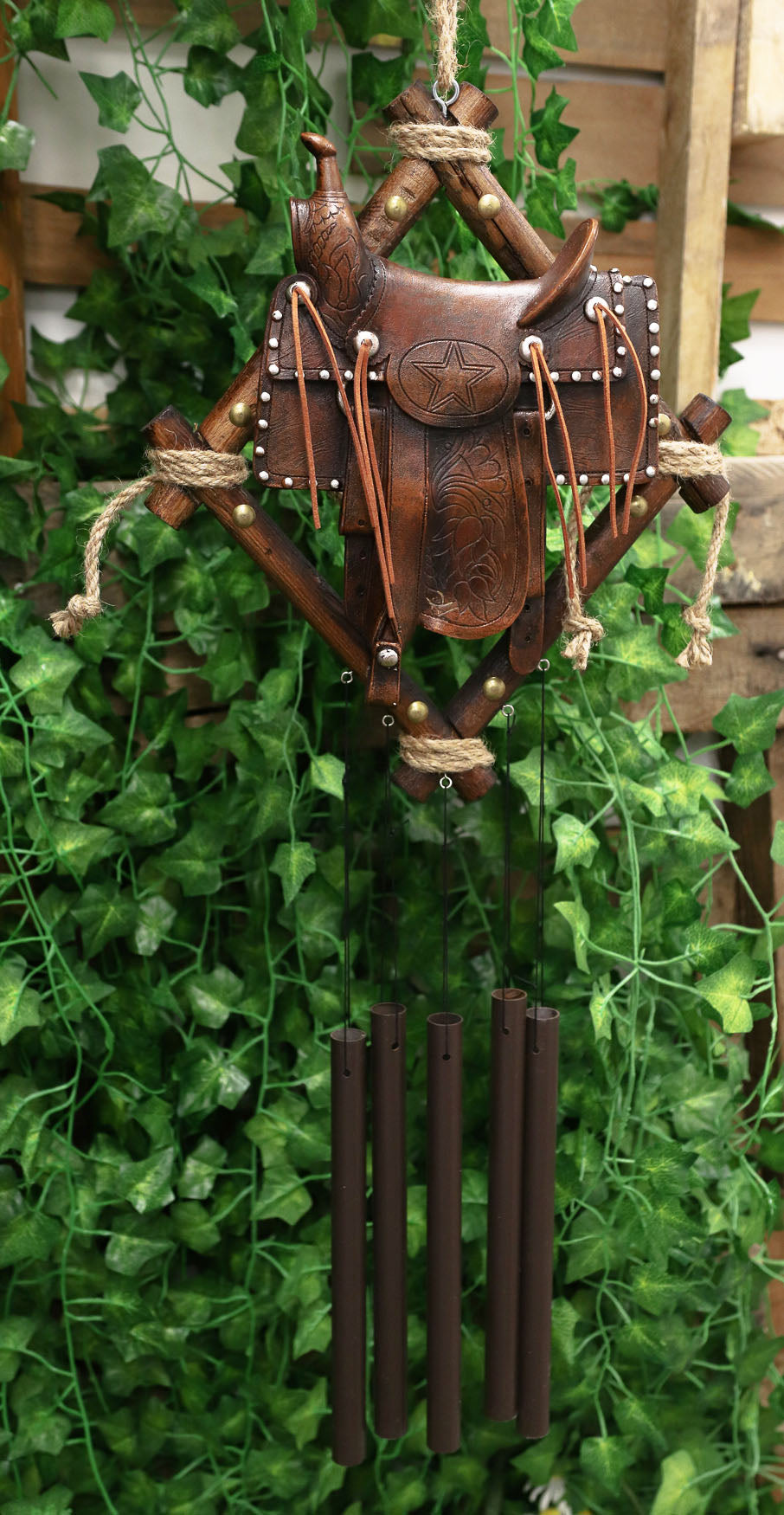 Country Rustic Cowboy Horse Saddle Faux Tooled Leather Decorative Wind Chime