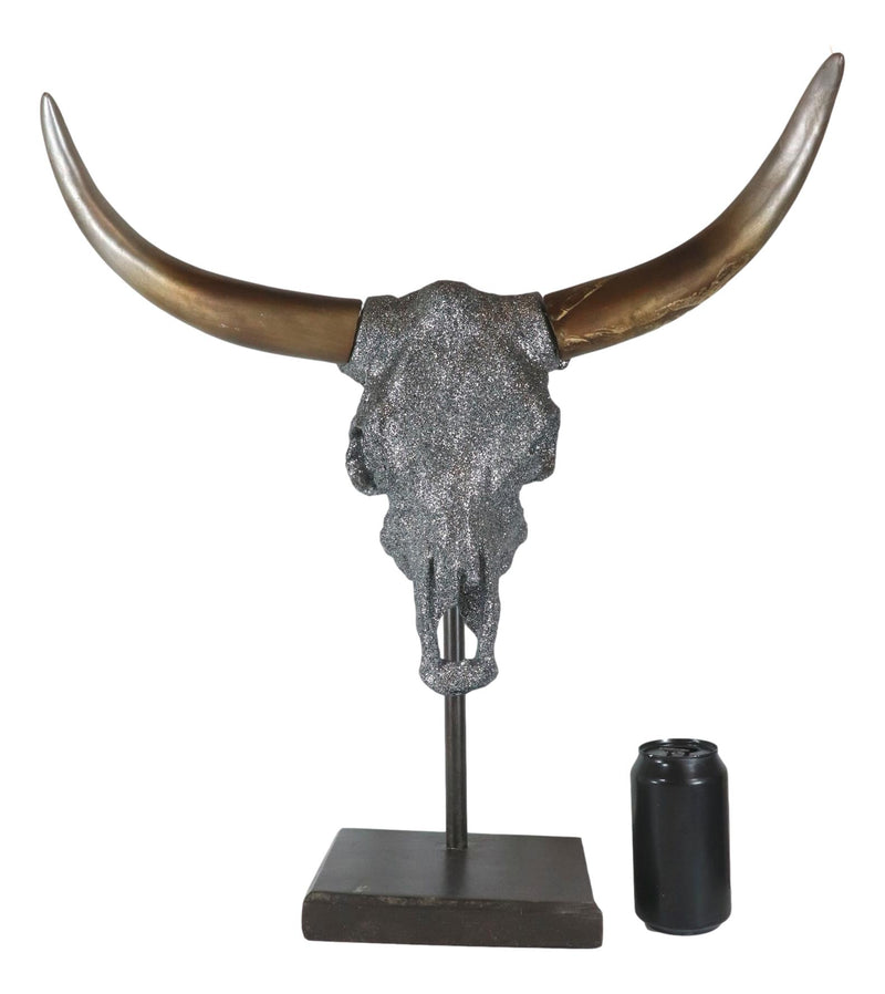 22"H Large Rustic Glitter Silver Longhorn Bull Steer Skull Resin Desktop Plaque