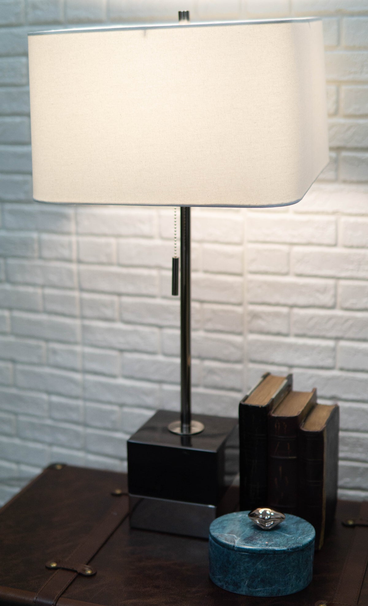 28"H Contemporary Elegant Black Marble And Metal Cube Table Lamp Fabric Shade
