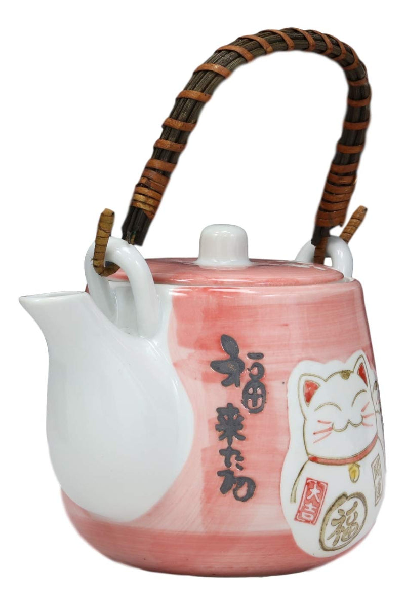 Set of Pink Ceramic Tea Pot Cute Cat Tea Cup Water Cup Maneki Neko Design  Porcelain