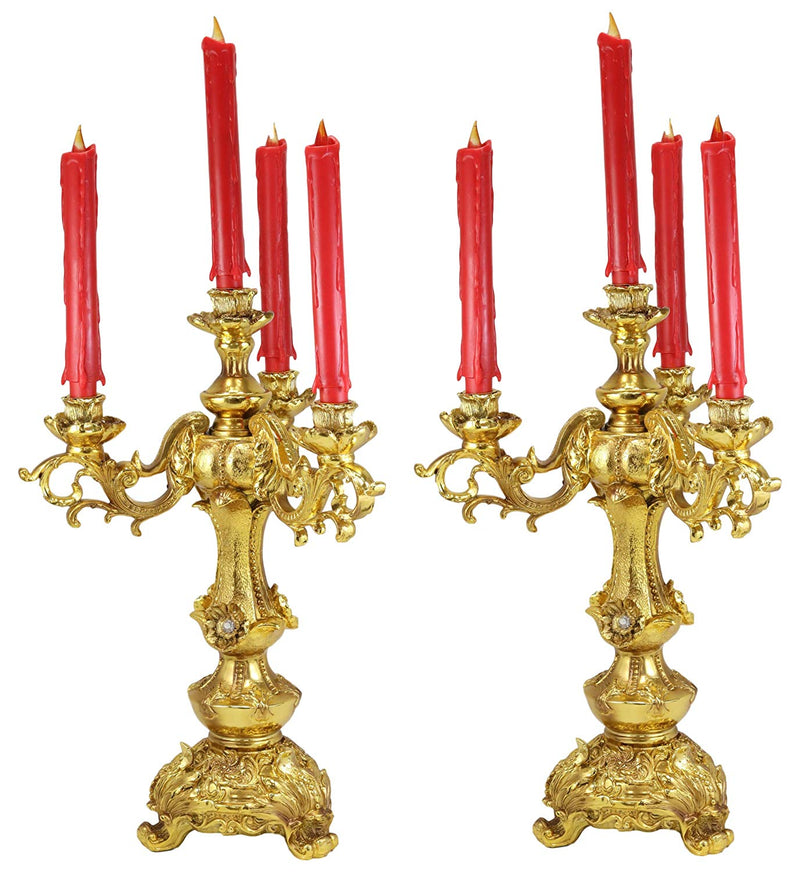 Ebros Gift Set of 2 Large 18" H Vintage Antique Baroque Design Electroplated Gold Candelabra for 4 Candles Candle Holder Home Decor Accent Wedding Centerpiece Mantelpiece Sculpture with Crystals