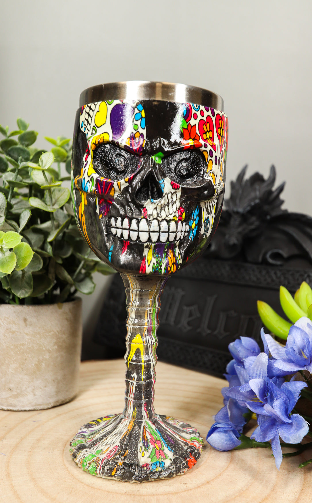 Ebros Black Floral Sugar Skull Wine Goblet Chalice Beverage Drinkware 7.25"H