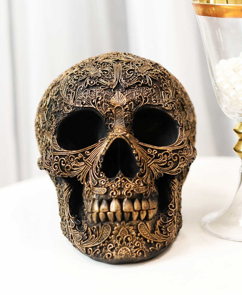 Ornate Tooled Floral Lace Fleur De Lis Royalty Cross Skull Decorative Figurine