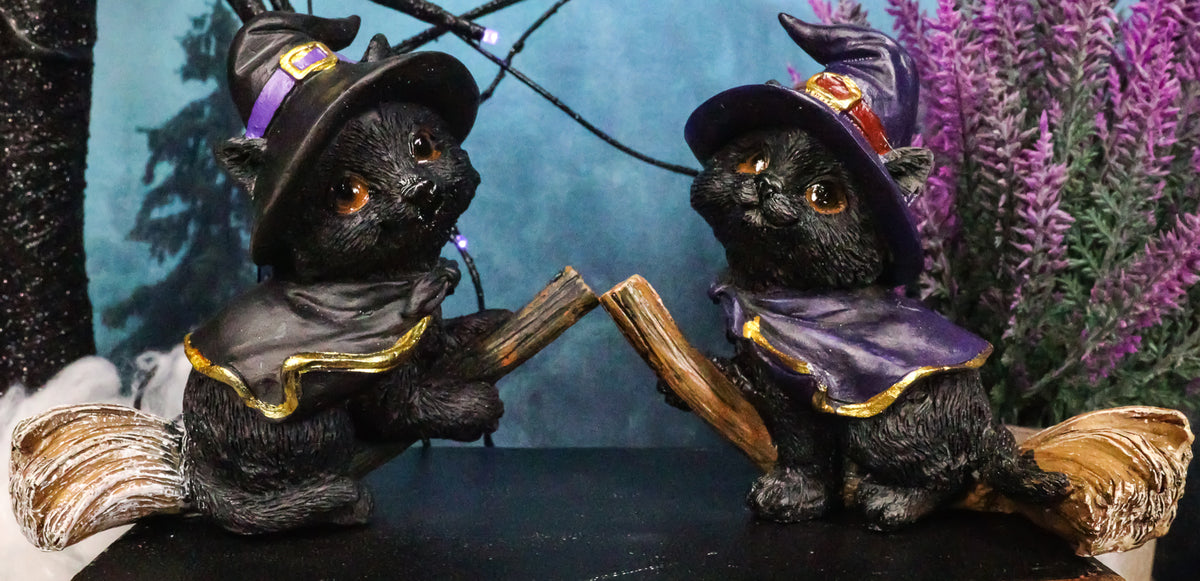 Halloween Black Cats With Witch Hat and Cape On Magical Broomstick Figurines Set