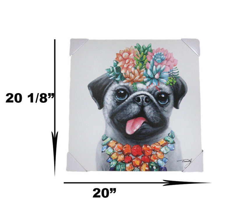 Colorful Hawaiian Pug Puppy With Flowers Canvas Wooden Picture Frame 20"X20"