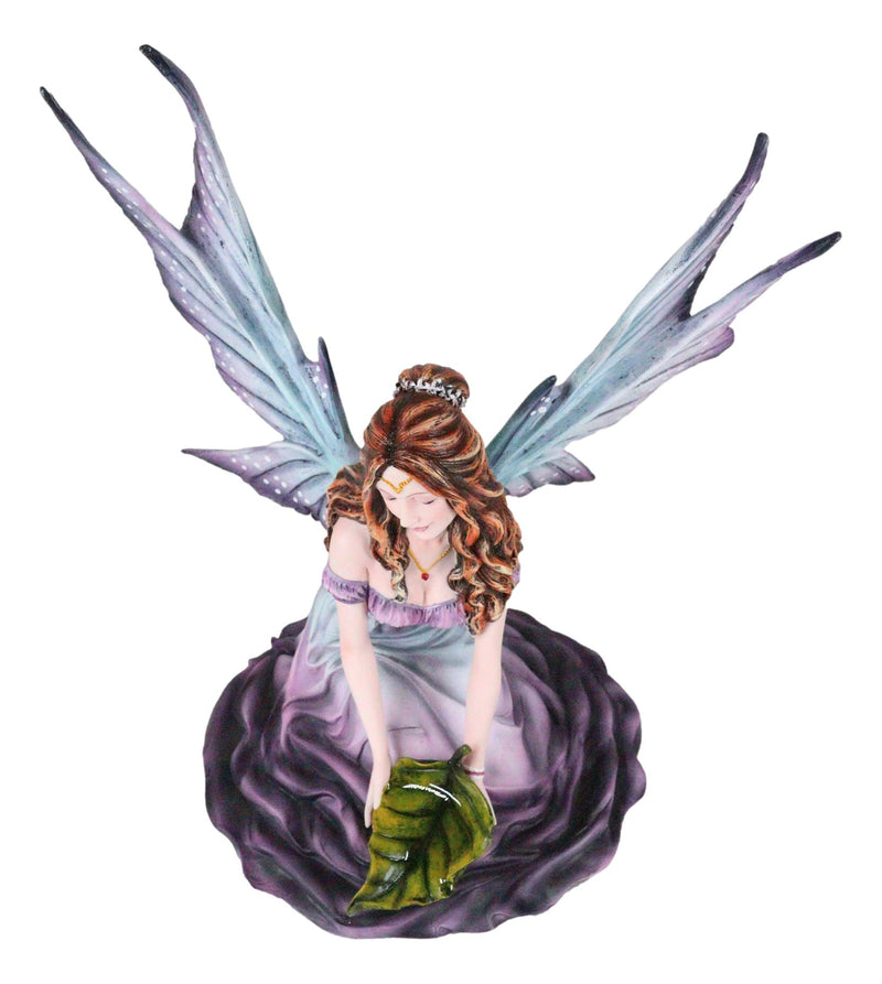 Large Whimsical Purple Rose Fairy With Large Leaf Kneeling On Flower Figurine