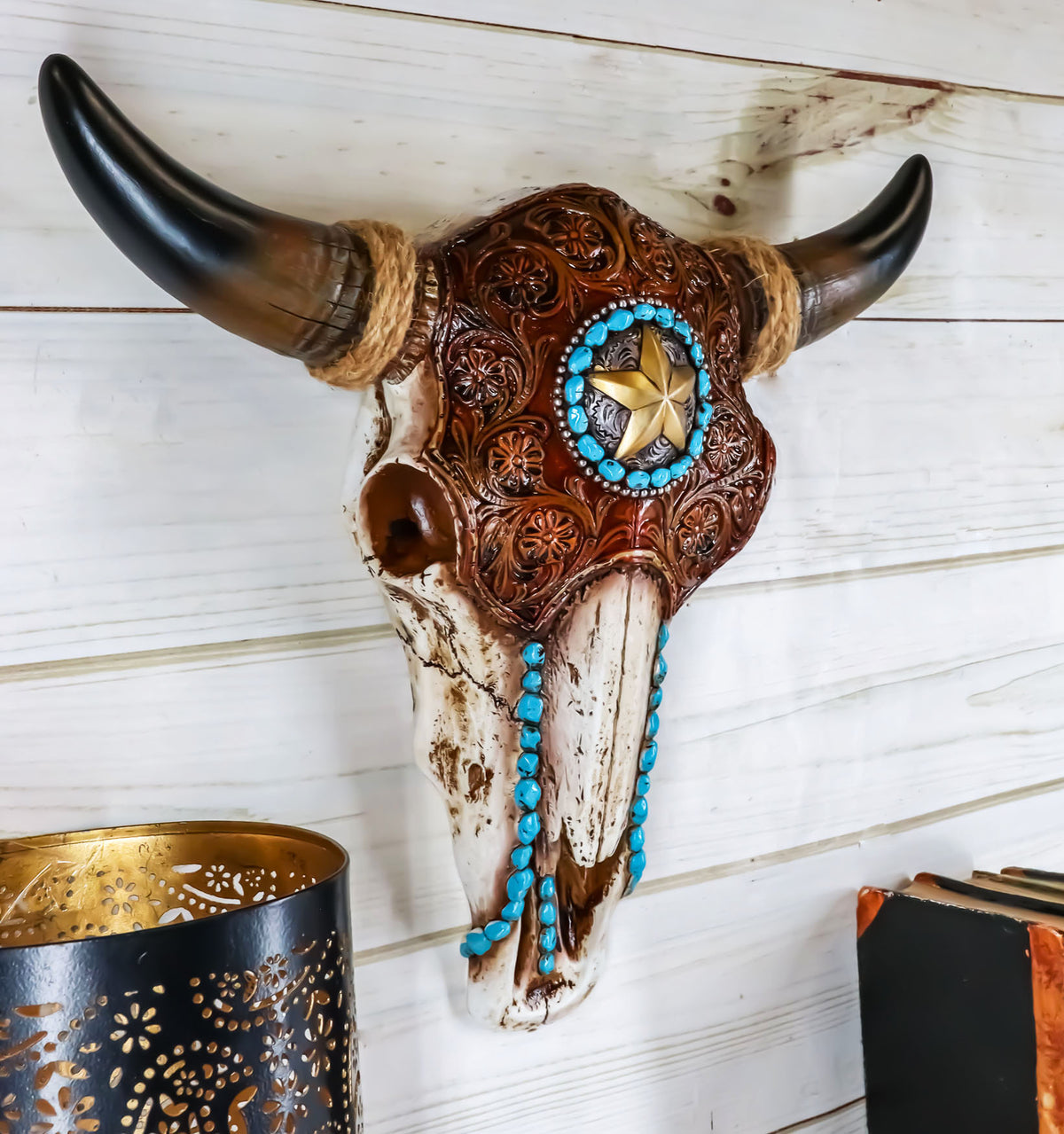 Ebros Western Star Tooled Leather Steer Bison Buffalo Bull Cow Horned Skull Wall Decor - Ebros Gift