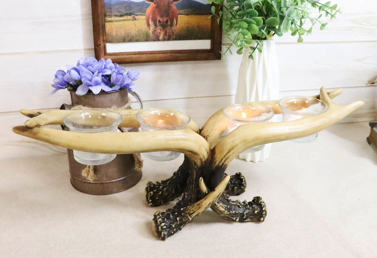 Wildlife Rustic Buck Deer Stag Entwined Antlers 4 Votives Candle Holder Figurine