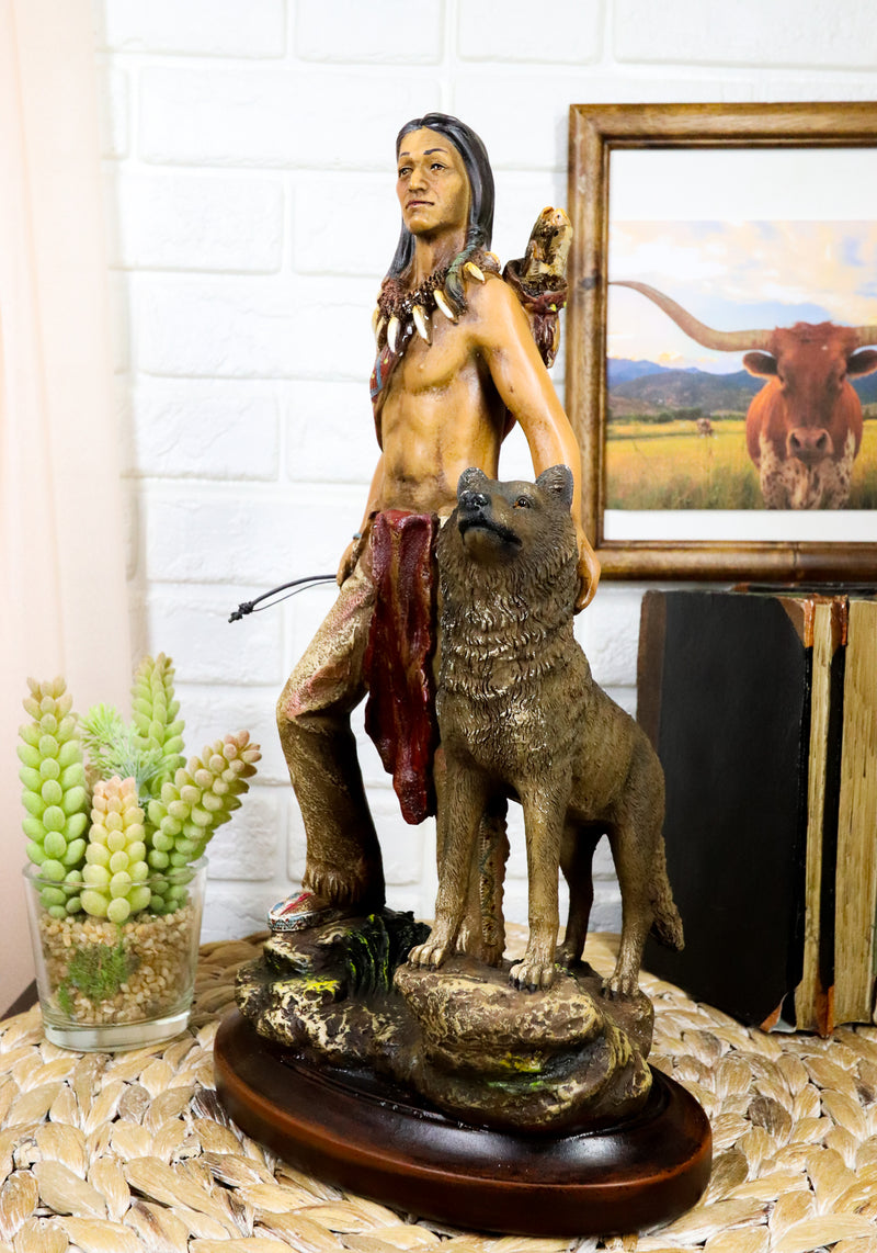 Southwestern Tribal Indian Warrior Chief With Gray Wolf Collectible Figurine