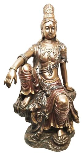 Ebros 16 Inch Water and Moon Kuan Yin Buddhist Bronze Finish Statue Figurine - Ebros Gift