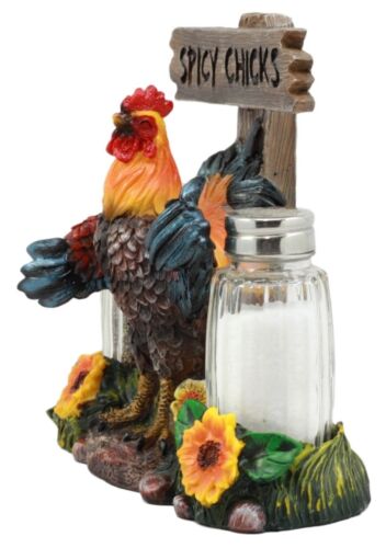 Ebros Gift Hot & Spicy Chicks Sign Rooster Glass Salt Pepper Shakers Holder