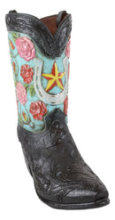 Rustic Western Black Turquoise Cowboy Boot With Colorful Roses Vase Figurine