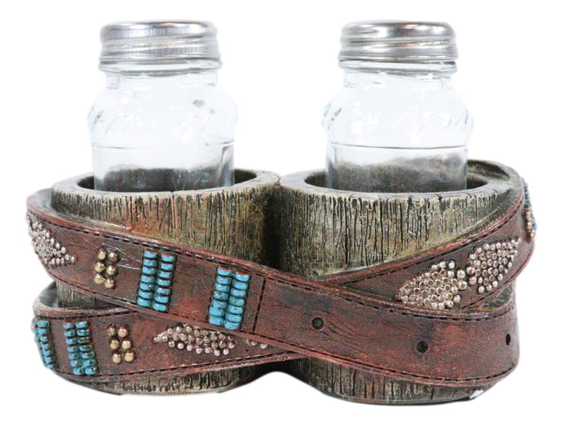 Rustic Western Cowboy Faux Leather Belt On Wood Salt Pepper Shakers Holder
