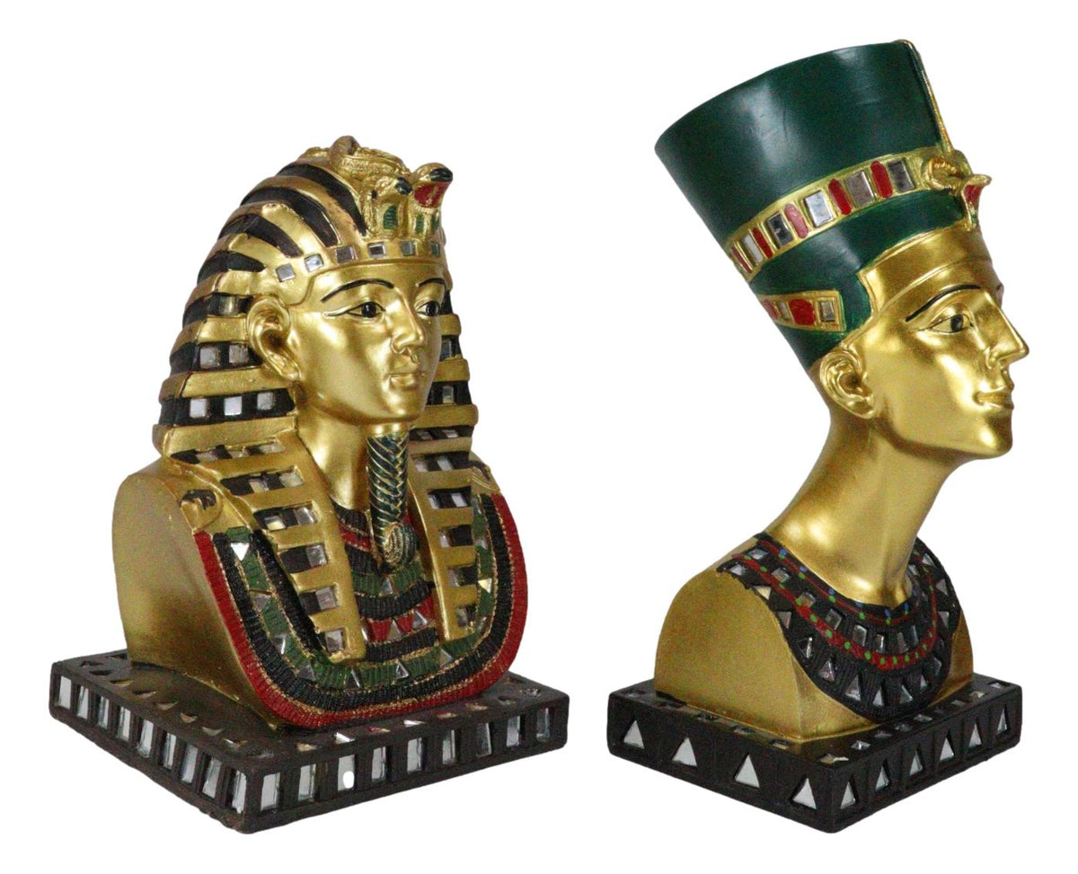 Ebros Golden Mask of Egypt Pharaoh King TUT and Queen Nefertiti Statue Set of 2 - Ebros Gift