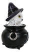 White Snowy Owl With Witch Hat In Black Triple Moon Pentagram Cauldron Figurine