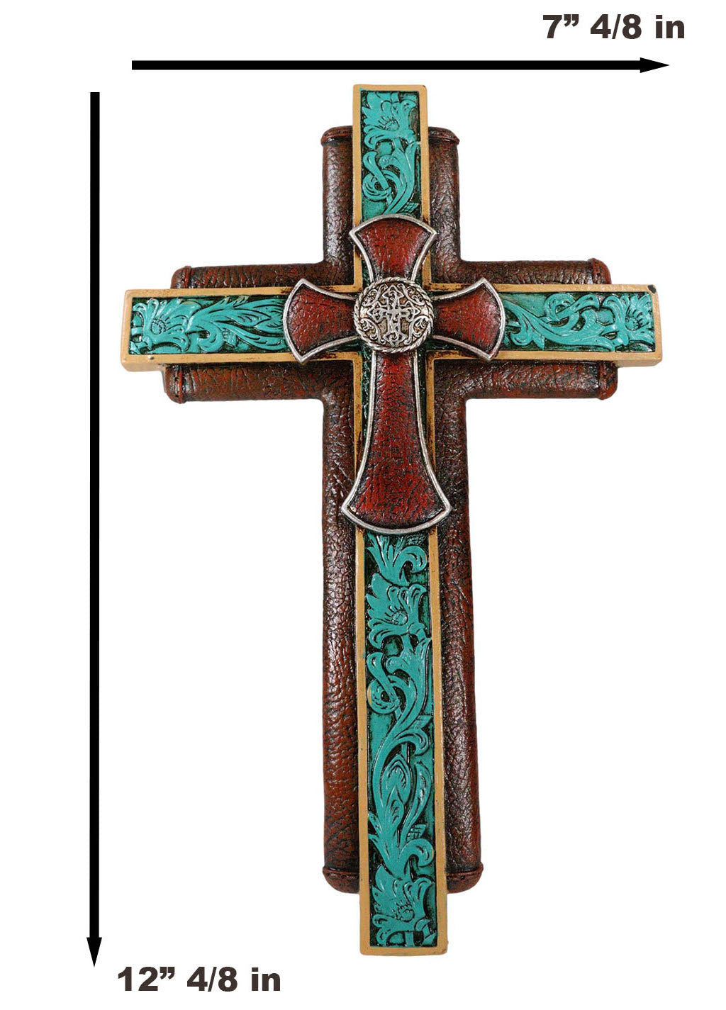 Rustic Western Ornate Concho Turquoise Scroll Layered Faux Leather Wall Cross